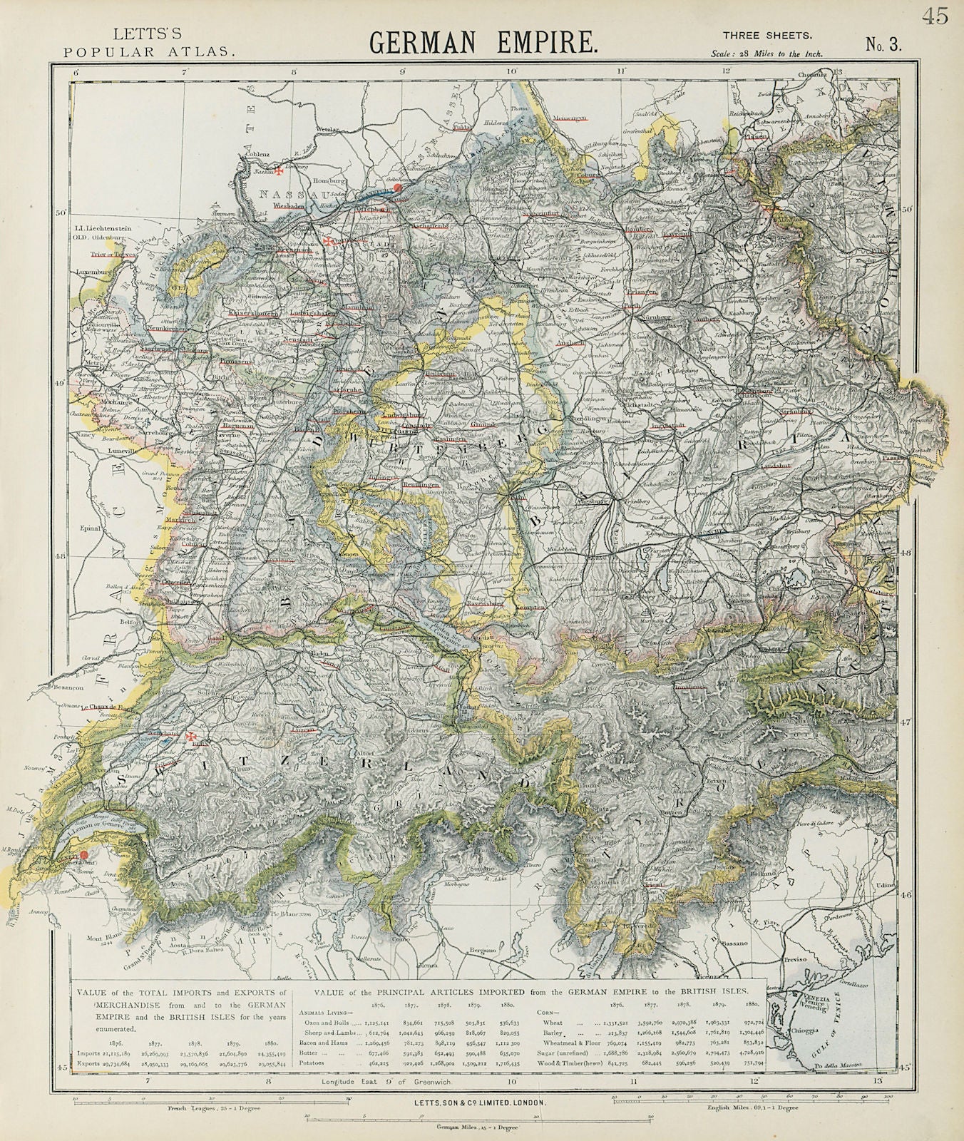 SOUTH GERMANY SWITZERLAND AUSTRIA Baden Württemberg Bavaria Tyrol 1884 old map